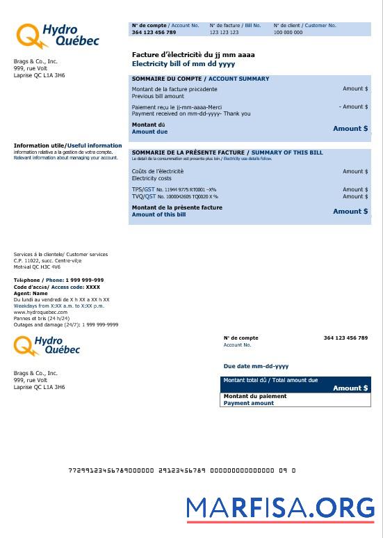 Realistic Canada Hydro Quebec business utility bill template in Word and PDF formats (2)